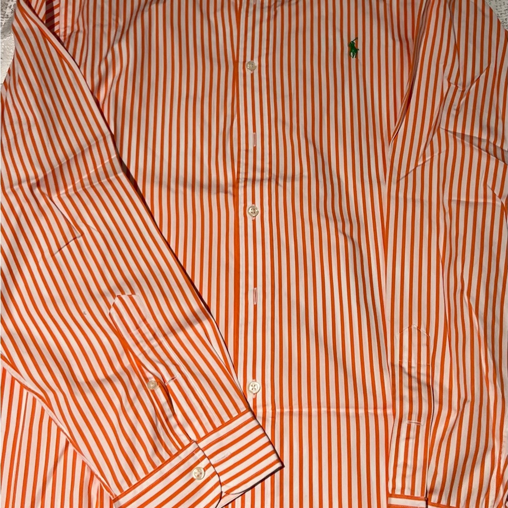 Ralph Lauren Men's Orange and White Striped Shirt